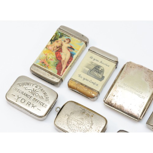 389 - Nine various metal advertising vesta cases, including The Molassine Co.Ltd, with a naked lady and Th... 