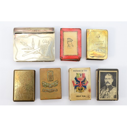 391 - Three WWI brass Trench Art match box covers, Ypres 1917, France 1918, Coln 1914-1919 and four other ... 