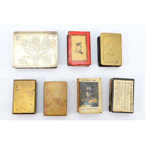 391 - Three WWI brass Trench Art match box covers, Ypres 1917, France 1918, Coln 1914-1919 and four other ... 