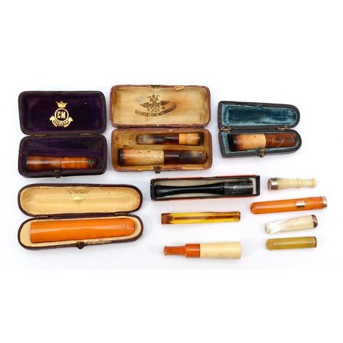 394 - A collection of various cigarette/cheroot holders, including Meerschaum and amber