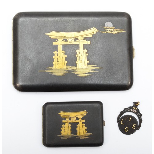 396 - Japanese Taisho period mixed metal damascene cigarette case, having gold and silver inlay decoration... 