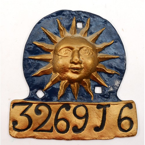 319 - The Sun Fire Office (London 1710-1959), fire mark/insurance plaque, policy number 3269J6, later pain... 