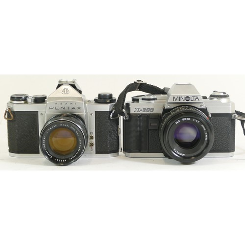 428 - Two cameras comprising of Pentax Asahi with a Super-Takumar 1:1.8/55 lens and a Minolta X-300 with a... 