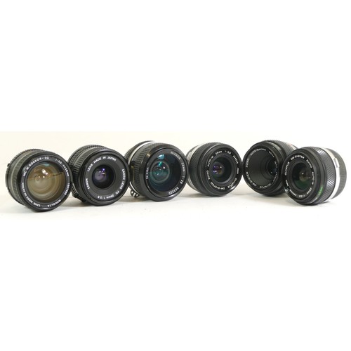 432 - Six various camera lenses comprising of two OM-System Zuiko Auto-W 28mm 1:2.8, Nikkor-S Auto 1:1.4 f... 