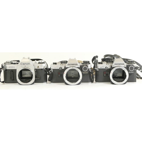 437 - Three assorted cameras to comprising of two Olympus OM10 camera bodies and a Canon AE-1 camera body ... 