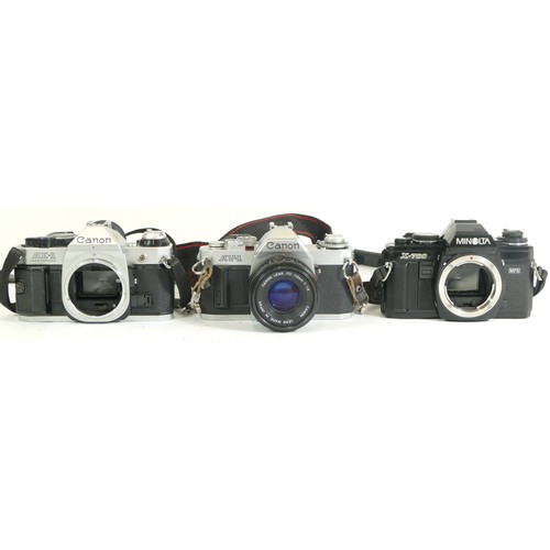 438 - Two camera bodies comprising of a Canon AE-1 Program, Minolta X-700 together with a Canon AV-1 camer... 