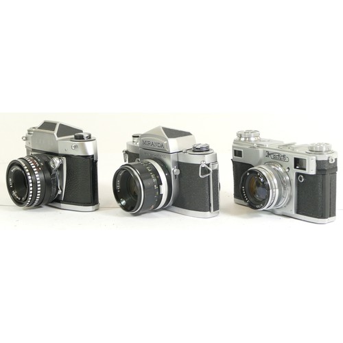 444 - Three assorted cameras comprising of a Miranda No.707169 Miranda 1:1.9 f=5cm lens, together with Iha... 