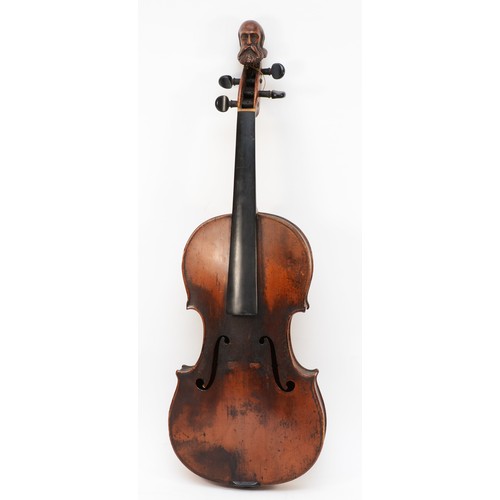 A Victorian carved head violin, possibly by Jean-Baptiste Vuillaume, France, the carved head depicting Gasparo Duiffopruggar (1514 - 1571) who invented the violin, on the reverse is a carved marquetry scene of Bologna Italy where Duiffopruggar had his violin shop, paper label Gaspard Daiffo Praggard, .....1510, 62cm.
