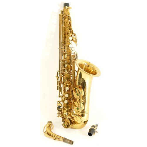 452 - A contemporary Premier alto brass saxophone, impressed 0919710, with engraved floral and leaf decora... 