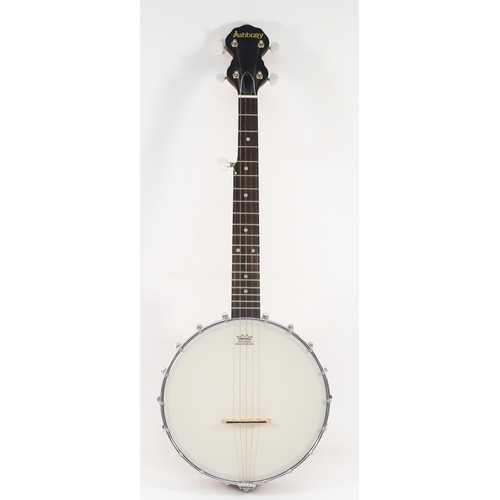 454 - A contemporary Ashbury mahogany effect five string banjo, 76cm long, in fitted case.