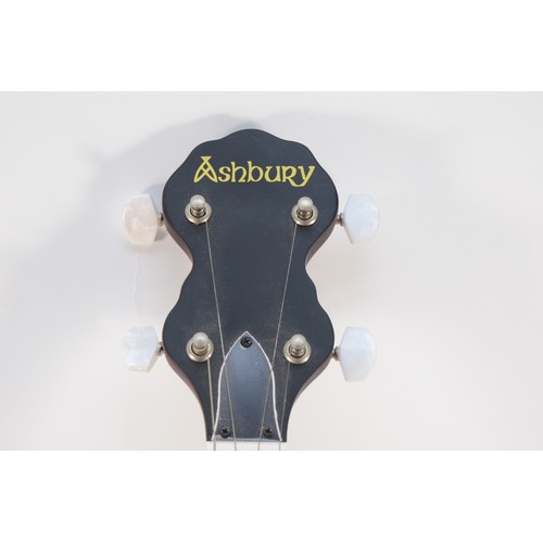 454 - A contemporary Ashbury mahogany effect five string banjo, 76cm long, in fitted case.