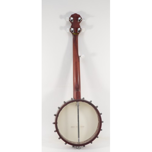 454 - A contemporary Ashbury mahogany effect five string banjo, 76cm long, in fitted case.