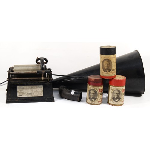 463 - A 20th century Eddison mahogany phonograph, with painted tin plate horn, together with three boxed r... 