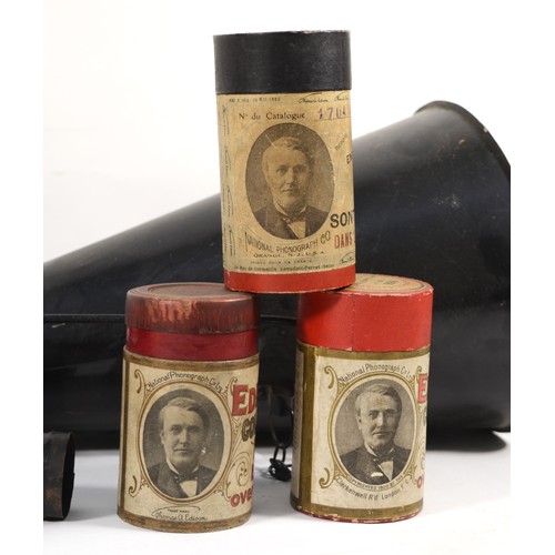 463 - A 20th century Eddison mahogany phonograph, with painted tin plate horn, together with three boxed r... 