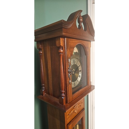 465 - A 20th century clock three weight longcase clock, with broken swan neck pediment, the brass dial wit... 