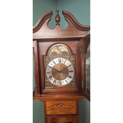 465 - A 20th century clock three weight longcase clock, with broken swan neck pediment, the brass dial wit... 