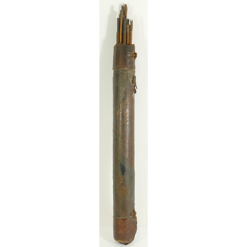 476 - A 19th century steel spear, believed Upper Congo, 99cm, a leather bound wooden quiver with bamboo ar... 