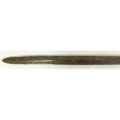 476 - A 19th century steel spear, believed Upper Congo, 99cm, a leather bound wooden quiver with bamboo ar... 