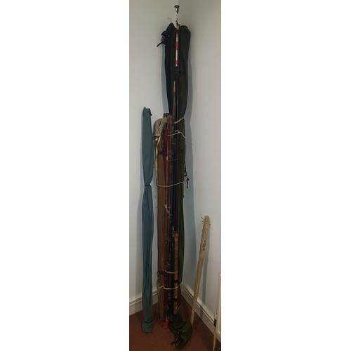 491 - A collection of twelve mid 20th century and later split cane and glass fibre course fishing rods, to... 