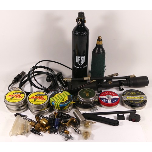 516 - A collection of air rifle and bottle parts and accessories including filling loops, PCP bottles, a S... 