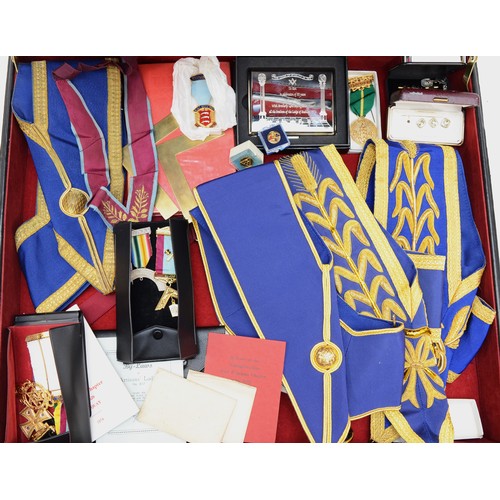 532 - Four Provincial Masonic Cheshire/Lancashire aprons and sashes, and other Masonic regalia including g... 