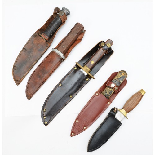 550 - A vintage sheath knife, the 12cm blade by Fagan of Sheffield,  and four other knives,

This bladed p... 