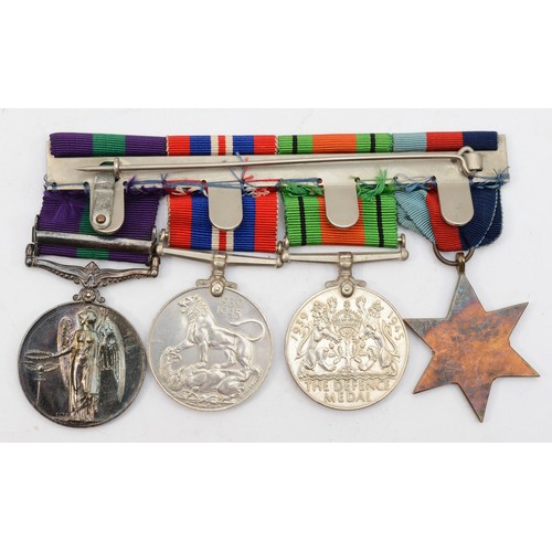 604 - WWII mounted group of four, 1939-1945 Star, Defense, War and G.S.M. with Palestine bar, named 186984... 