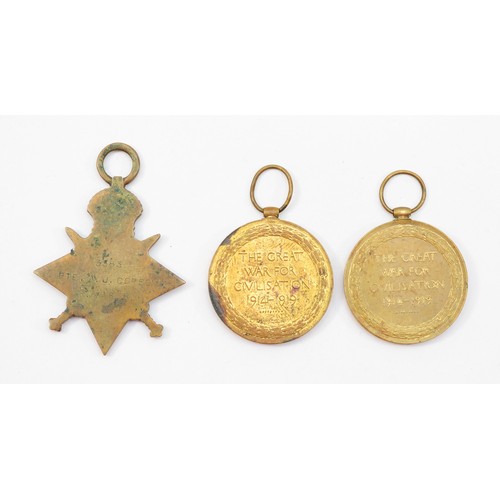 615 - WWI, 1914-1915 Star, named 3383 Pte A.J. Copson, R. WAR. R., together with two Victory, named 3644 C... 