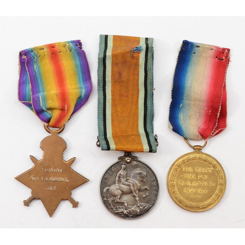 642 - WWI trio, 1914-15 Star, War and Victory, named TH 071175  Pte F.R. Parsons ASC