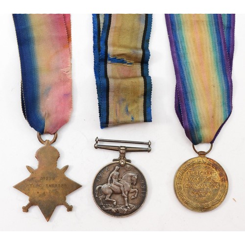 644 - WWI trio, 1914-15 Star, War and Victory, named 38298 Pte. C. Sheriff, RAMC