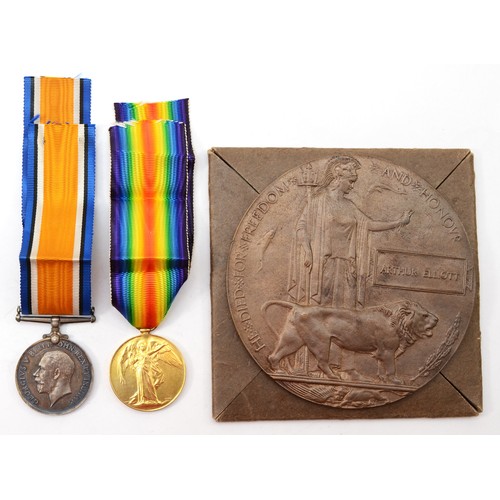 649 - WWI pair and Death Penny, named Arthur Elliott, medals named 32413 Pte. A. Elliott, Wiltshire Regt, ... 