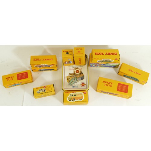 184 - A collection of eleven reproduction Dinky diecast model vehicles, boxed, together with an Atlas tin ... 