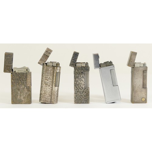 361 - Dunhill, three silver plated Rollagas lighters, a chrome example and other with base plate missing