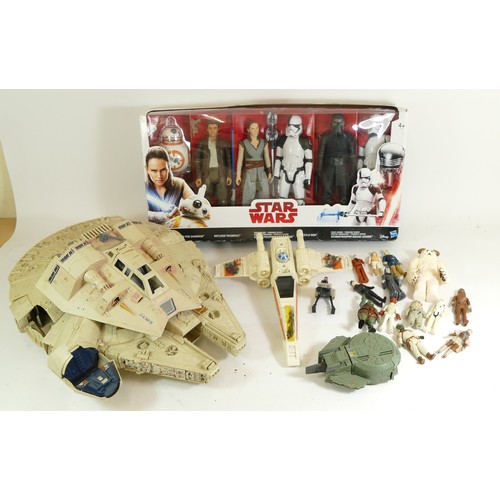 205 - A group of playworn Starwars figures and models to include the Millennium Falcon, and a boxed Disney... 