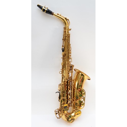 452 - A contemporary Premier alto brass saxophone, impressed 0919710, with engraved floral and leaf decora... 