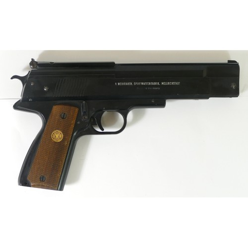 498 - A German Weihrauch HW45 .177 air pistol, serial number 350073 with hard carry case and opened tin of... 