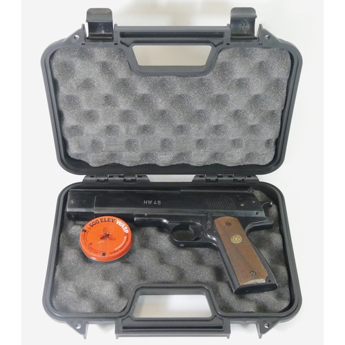 498 - A German Weihrauch HW45 .177 air pistol, serial number 350073 with hard carry case and opened tin of... 