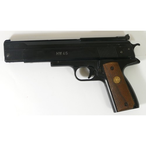 498 - A German Weihrauch HW45 .177 air pistol, serial number 350073 with hard carry case and opened tin of... 