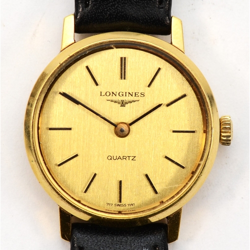 90 - Longines, a gold plated quartz ladies wristwatch, model 717 1141, 24mm, working when catalogued