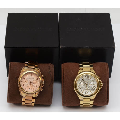 96 - Michael Kors, two boxed stainless steel gold plated quartz chronograph wrist watches, Camille MK- 56... 