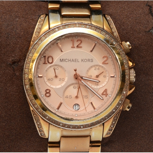 96 - Michael Kors, two boxed stainless steel gold plated quartz chronograph wrist watches, Camille MK- 56... 