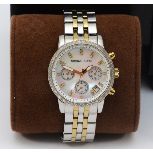 101 - Michael Kors, two stainless steel ladies quartz chronograph wrist watches, RITZ MK-5057, BEL AIRE MK... 