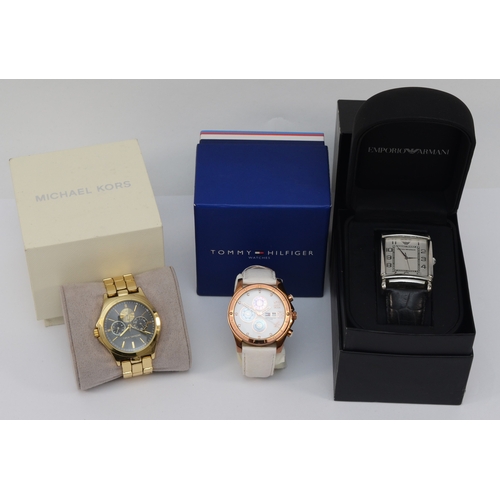 104 - Emporio Armani, a stainless steel gentleman's wrist watch, AR-0432, together with two other fashion ... 