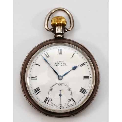 107 - Kay's Keyless Challenge, a silver open face pocket watch, Birmingham 1923, 49mm, working when catalo... 