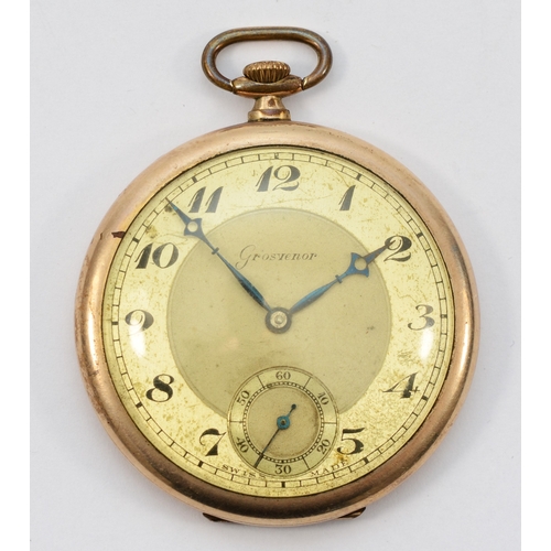 110 - Grosvenor, a gold plated, keyless wind open face pocket watch, 15 jewel movement, 46mm, working when... 