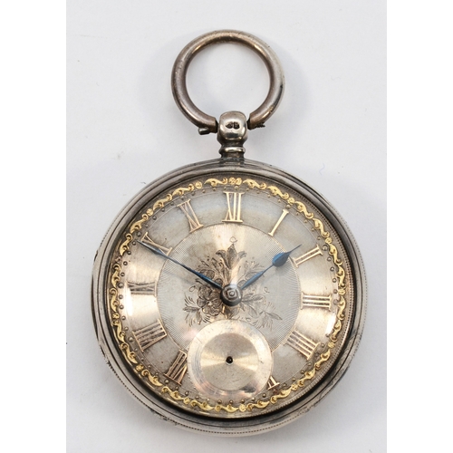 112 - A Victorian silver fusee pocket watch, London 1870, silver dial with applied gold Roman numerals and... 