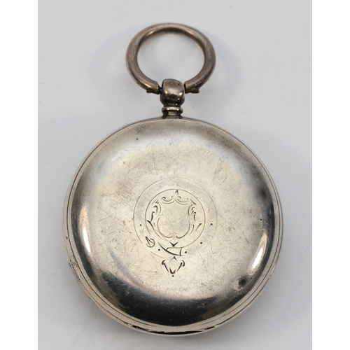 112 - A Victorian silver fusee pocket watch, London 1870, silver dial with applied gold Roman numerals and... 