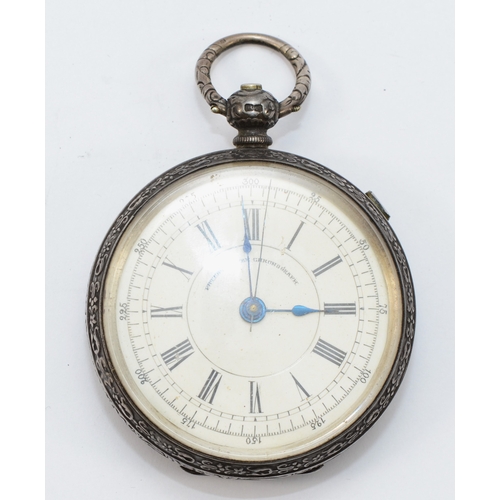 116 - A Victorian silver open face key less wind Patent Lever Chronograph pocket watch, Birmingham 1866, w... 