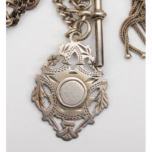 121 - An early 20th century silver albertina pocket watch chain with shield fob, Birmingham 1903, 42gm.