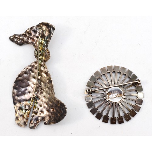 155 - Kristine Algreen, a vintage Danish silver dog brooch set with gold stone, 7 x 4cm, together with a S... 